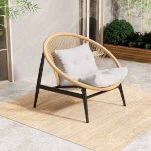 Modern Round Outdoor Bench with Cushion – Beige Boho Rattan Accent Chair