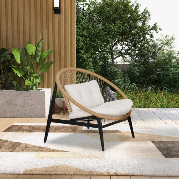 Modern Round Outdoor Bench with Cushion – Beige Boho Rattan Accent Chair - Image 5