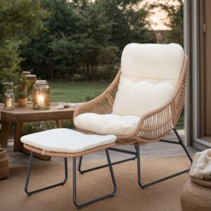 Outdoor Beige Rattan Lounge Chair with Ottoman – Cushioned Patio Armchair Set