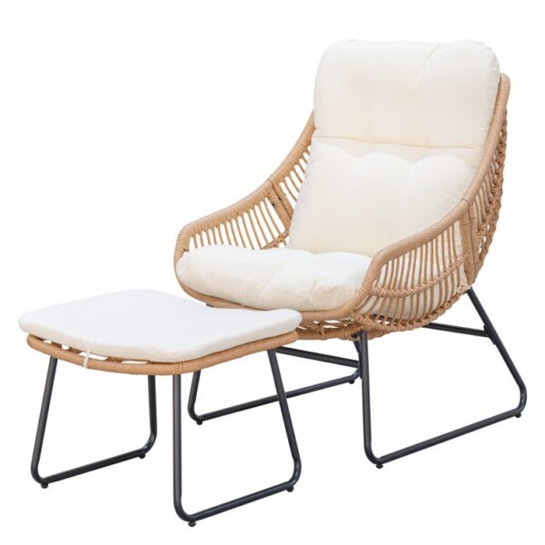 Outdoor Beige Rattan Lounge Chair with Ottoman – Cushioned Patio Armchair Set - Image 4