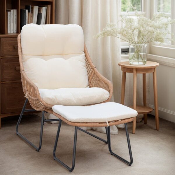 Outdoor Beige Rattan Lounge Chair with Ottoman – Cushioned Patio Armchair Set - Image 3